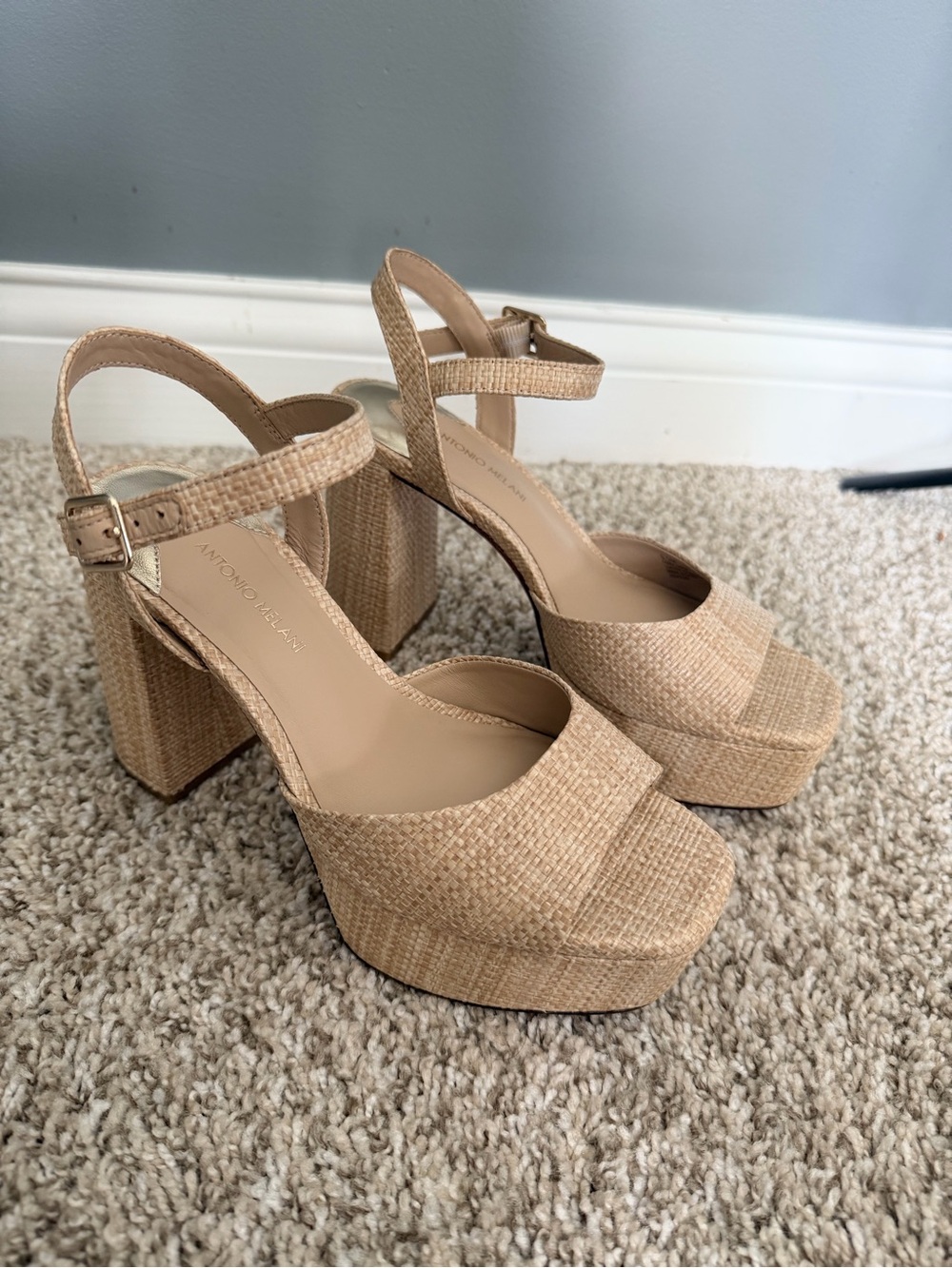ANTONIO MELANI Beige Woven Platform Sandal with Ankle Strap